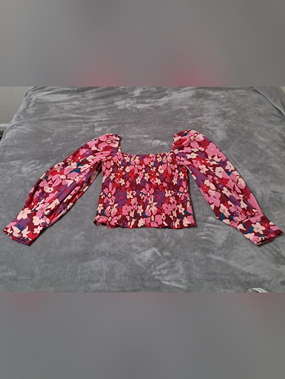 Free People Womens Pink Multi Floral Square Neck Smocked Bodice Blouse Sz. M - Picture 3 of 9